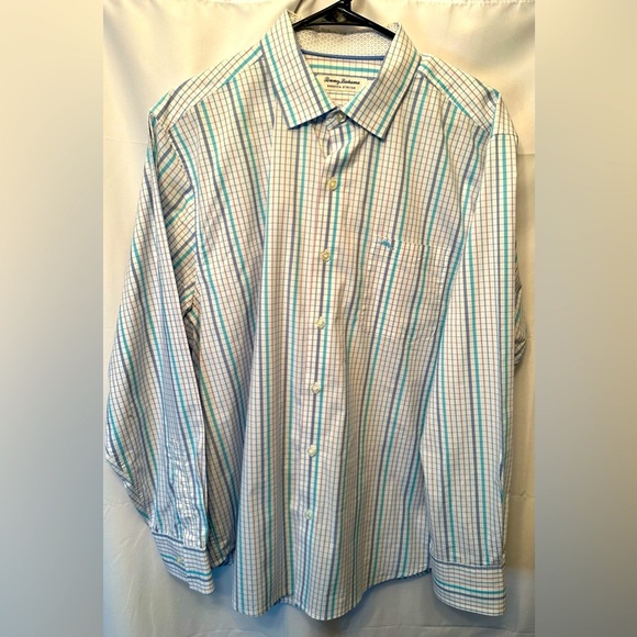Tommy Bahama Size Large Sarasota Stretch White Aqua Blue IslandZone® Shirt - Picture 1 of 9